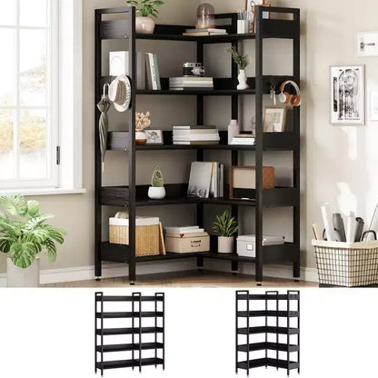 Étagère d'angle à 5 niveaux, bibliothèque convertible en L avec cadre métallique industriel, étagère de rangement multifonctionnelle pour bureau à domicile, chambre à coucher