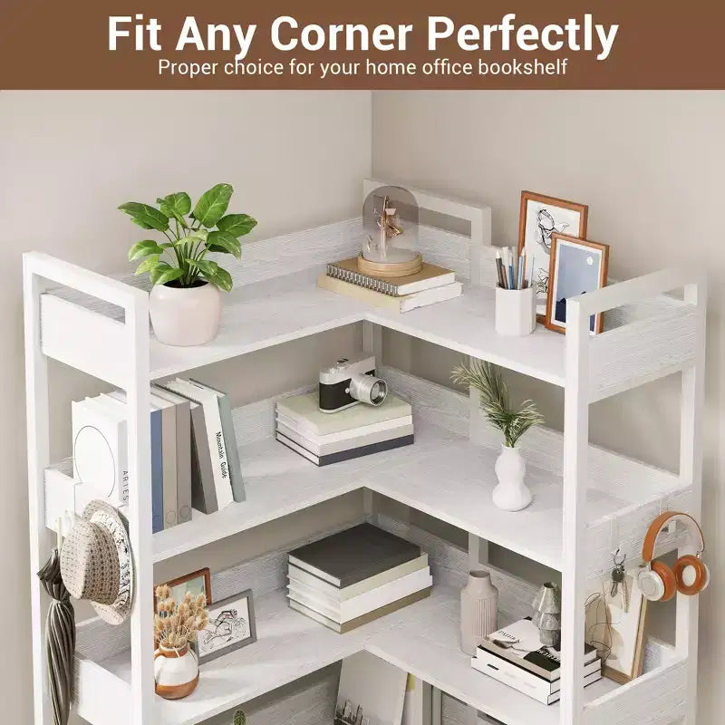 Étagère d'angle à 5 niveaux, bibliothèque convertible en L avec cadre métallique industriel, étagère de rangement multifonctionnelle pour bureau à domicile, chambre à coucher