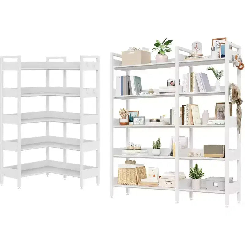 Étagère d'angle à 5 niveaux, bibliothèque convertible en L avec cadre métallique industriel, étagère de rangement multifonctionnelle pour bureau à domicile, chambre à coucher