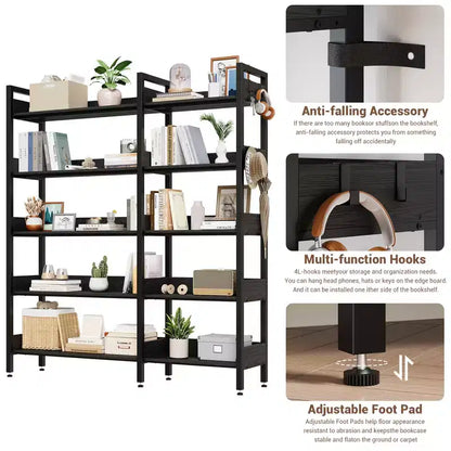 Étagère d'angle à 5 niveaux, bibliothèque convertible en L avec cadre métallique industriel, étagère de rangement multifonctionnelle pour bureau à domicile, chambre à coucher