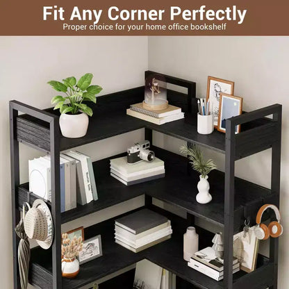 Étagère d'angle à 5 niveaux, bibliothèque convertible en L avec cadre métallique industriel, étagère de rangement multifonctionnelle pour bureau à domicile, chambre à coucher