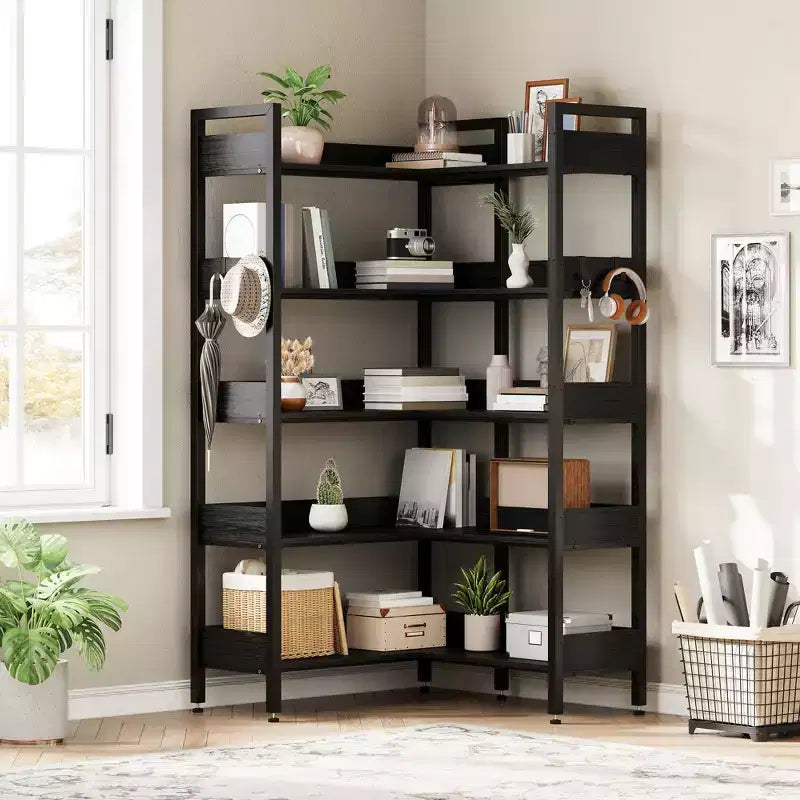 5-Tier Corner Bookshelf, Convertible l-Shaped Bookcase with Industrial Metal Frame, Multi-Functional Storage Shelf for Home Office,Bedroom