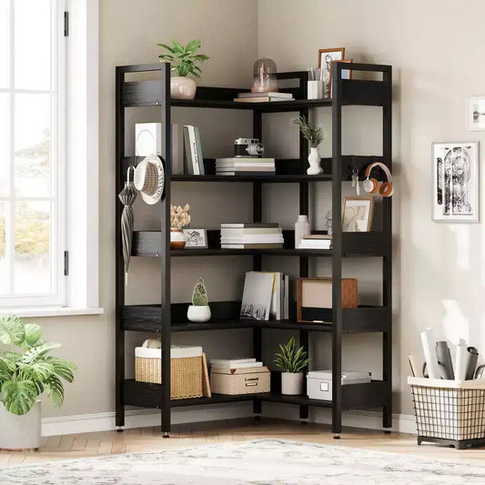 5-Tier Corner Bookshelf, Convertible l-Shaped Bookcase with Industrial Metal Frame, Multi-Functional Storage Shelf for Home Office,Bedroom