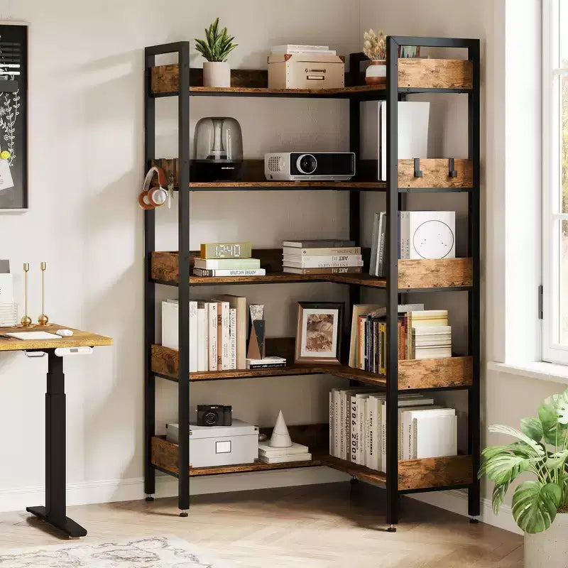 Étagère d'angle à 5 niveaux, bibliothèque convertible en L avec cadre métallique industriel, étagère de rangement multifonctionnelle pour bureau à domicile, chambre à coucher