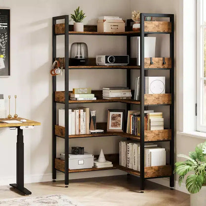 Étagère d'angle à 5 niveaux, bibliothèque convertible en L avec cadre métallique industriel, étagère de rangement multifonctionnelle pour bureau à domicile, chambre à coucher