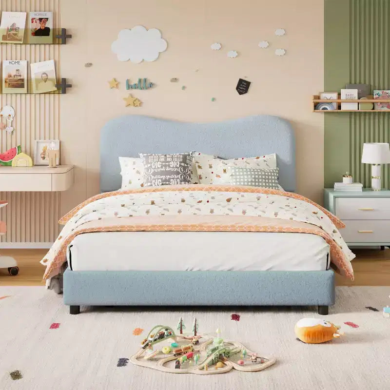 COZONY Cadre de lit plateforme rembourré en velours, design à profil bas avec coins arrondis et support à lattes en bois