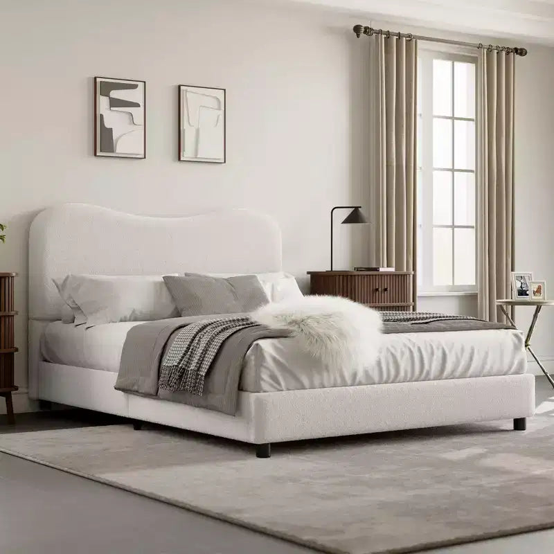 COZONY Cadre de lit plateforme rembourré en velours, design à profil bas avec coins arrondis et support à lattes en bois