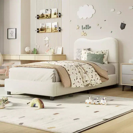 COZONY Velvet Upholstered Platform Bed Frame, Round Corner Low Profile Design Wooden Slat Support