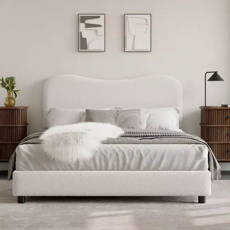 COZONY Cadre de lit plateforme rembourré en velours, design à profil bas avec coins arrondis et support à lattes en bois