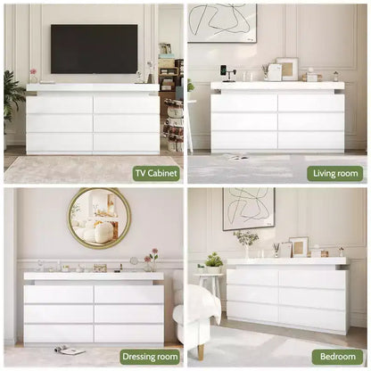 Commode Dyonery moderne à 6 tiroirs avec bureau coulissant et prise de courant - Double commode large de rangement pour chambre à coucher, en bois moderne