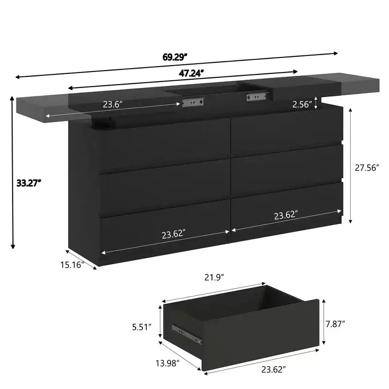 Commode Dyonery moderne à 6 tiroirs avec bureau coulissant et prise de courant - Double commode large de rangement pour chambre à coucher, en bois moderne