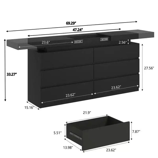 Commode Dyonery moderne à 6 tiroirs avec bureau coulissant et prise de courant - Double commode large de rangement pour chambre à coucher, en bois moderne