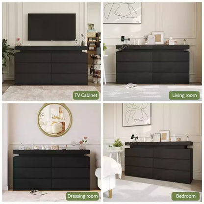 Commode Dyonery moderne à 6 tiroirs avec bureau coulissant et prise de courant - Double commode large de rangement pour chambre à coucher, en bois moderne