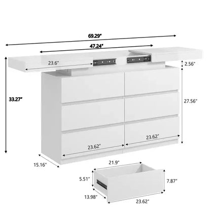 Commode Dyonery moderne à 6 tiroirs avec bureau coulissant et prise de courant - Double commode large de rangement pour chambre à coucher, en bois moderne