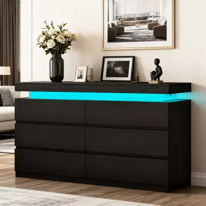 Dyonery Modern 6-Drawer Dresser with Sliding Desktop & Power Outlet-Dual Wide Chest of Drawers Storage Organizer for Bedroom Modern Wood Dressers