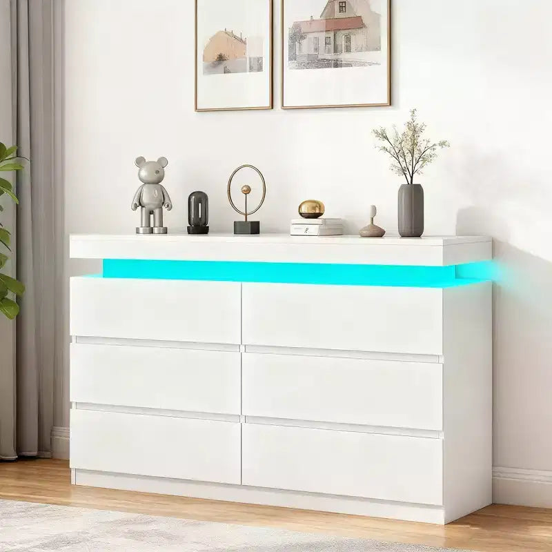 Commode Dyonery moderne à 6 tiroirs avec bureau coulissant et prise de courant - Double commode large de rangement pour chambre à coucher, en bois moderne