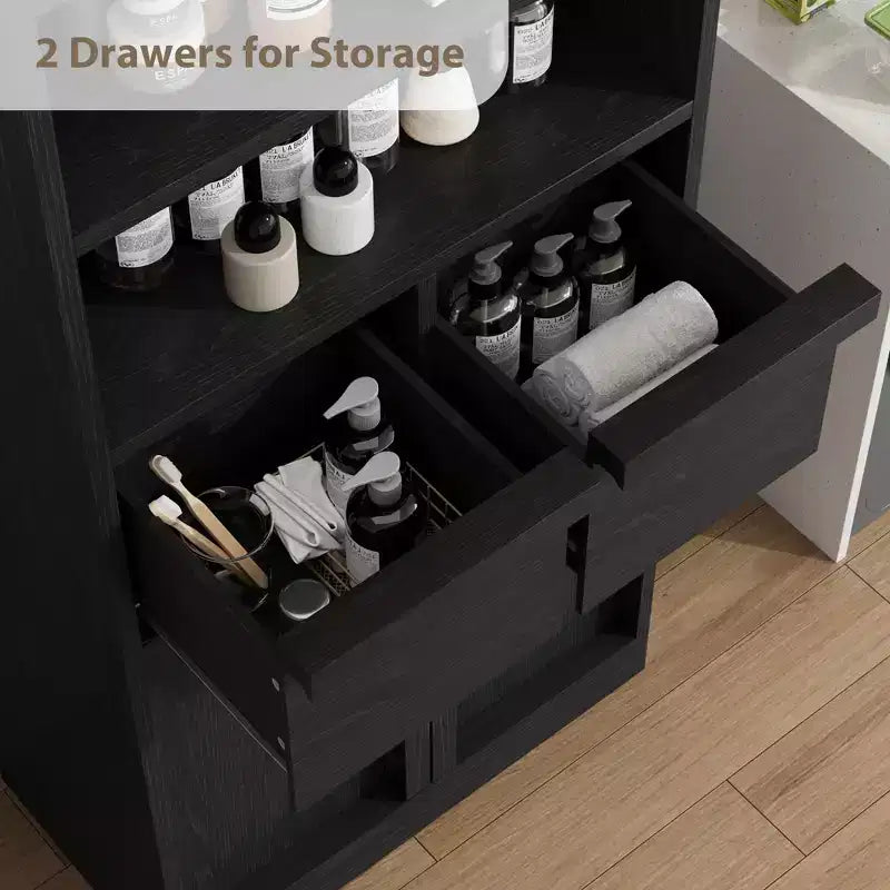 Meuble de rangement haut en bois GustoWave 51, Armoire de salle de bain avec étagères ouvertes, 2 tiroirs et 2 portes