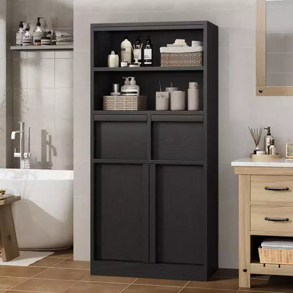 Meuble de rangement haut en bois GustoWave 51, Armoire de salle de bain avec étagères ouvertes, 2 tiroirs et 2 portes