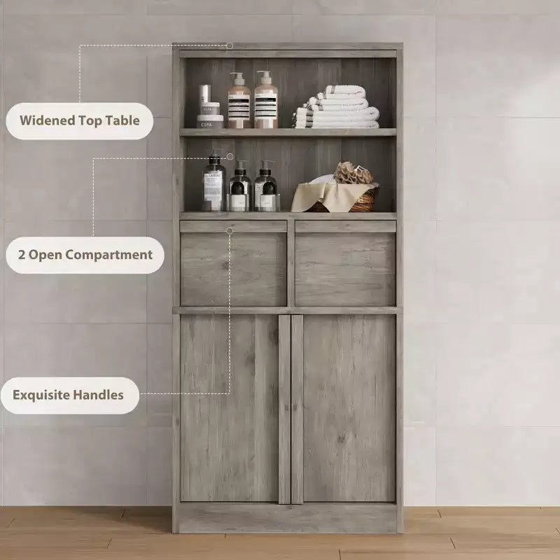 Meuble de rangement haut en bois GustoWave 51, Armoire de salle de bain avec étagères ouvertes, 2 tiroirs et 2 portes