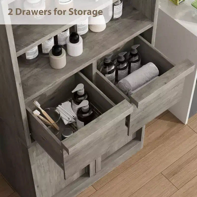 Meuble de rangement haut en bois GustoWave 51, Armoire de salle de bain avec étagères ouvertes, 2 tiroirs et 2 portes