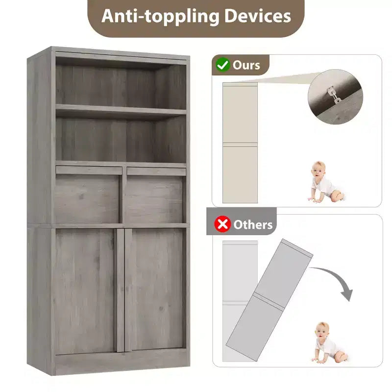 Meuble de rangement haut en bois GustoWave 51, Armoire de salle de bain avec étagères ouvertes, 2 tiroirs et 2 portes