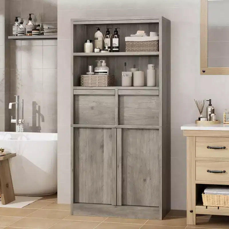 Meuble de rangement haut en bois GustoWave 51, Armoire de salle de bain avec étagères ouvertes, 2 tiroirs et 2 portes