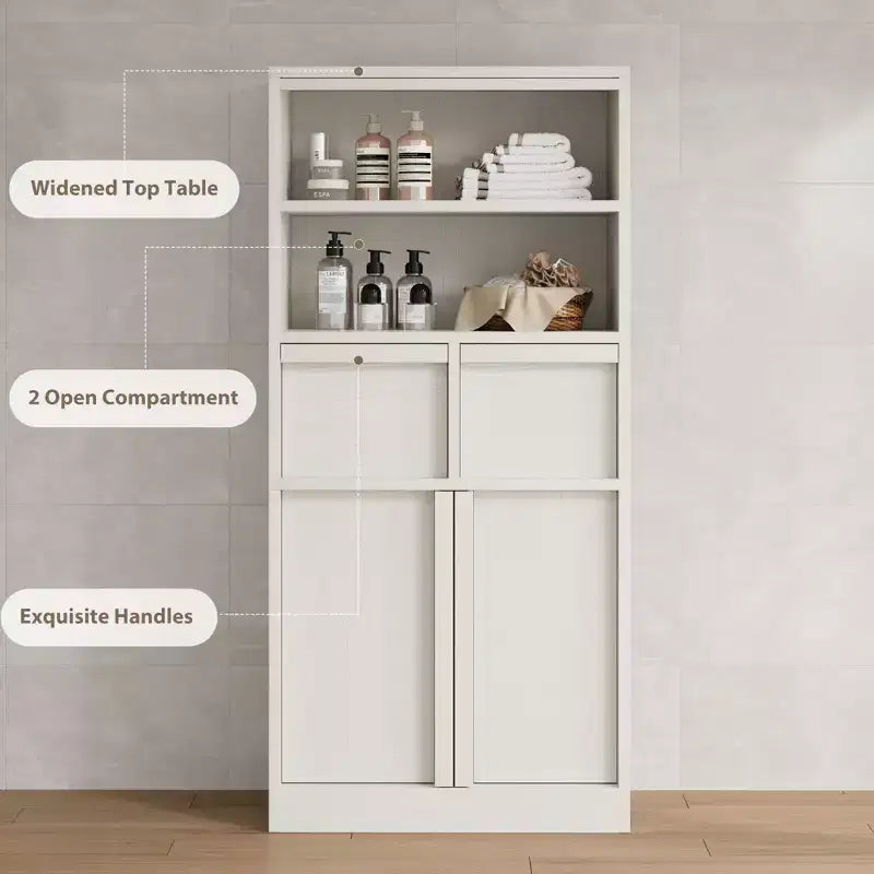 Meuble de rangement haut en bois GustoWave 51, Armoire de salle de bain avec étagères ouvertes, 2 tiroirs et 2 portes