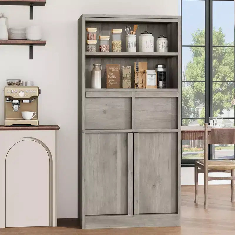 Meuble de rangement haut en bois GustoWave 51, Armoire de salle de bain avec étagères ouvertes, 2 tiroirs et 2 portes