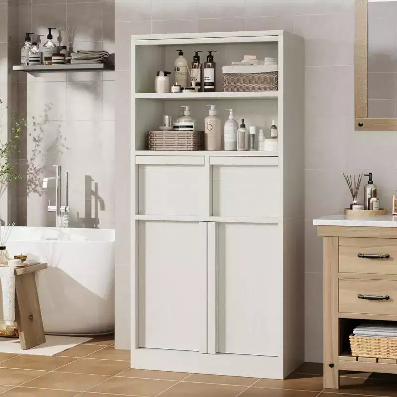 Meuble de rangement haut en bois GustoWave 51, Armoire de salle de bain avec étagères ouvertes, 2 tiroirs et 2 portes