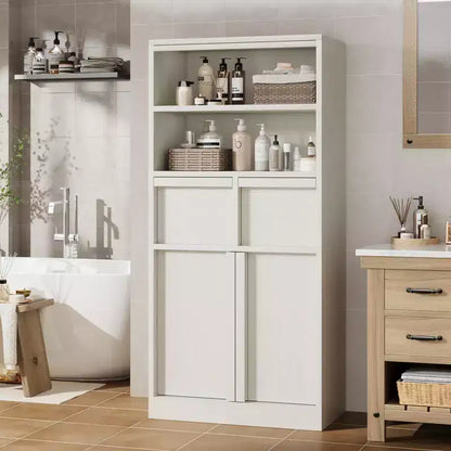 Meuble de rangement haut en bois GustoWave 51, Armoire de salle de bain avec étagères ouvertes, 2 tiroirs et 2 portes