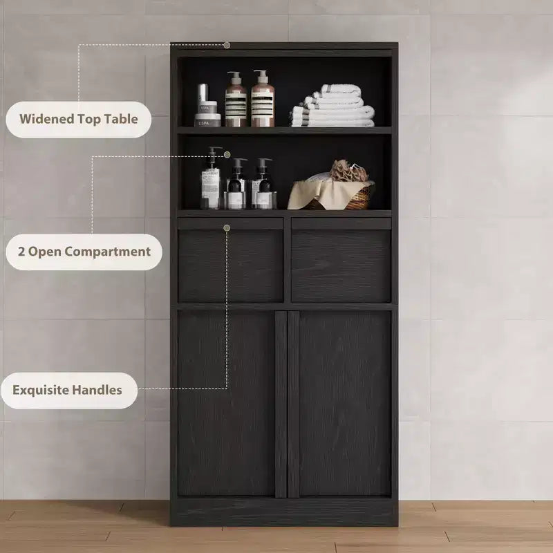 Meuble de rangement haut en bois GustoWave 51, Armoire de salle de bain avec étagères ouvertes, 2 tiroirs et 2 portes