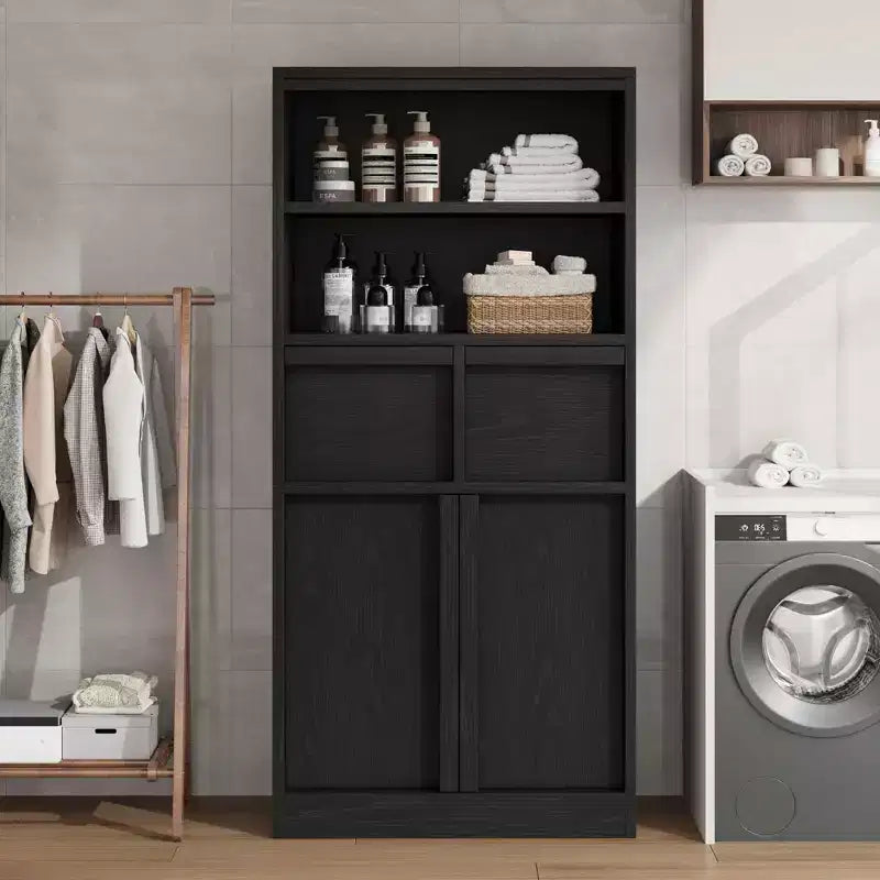 Meuble de rangement haut en bois GustoWave 51, Armoire de salle de bain avec étagères ouvertes, 2 tiroirs et 2 portes