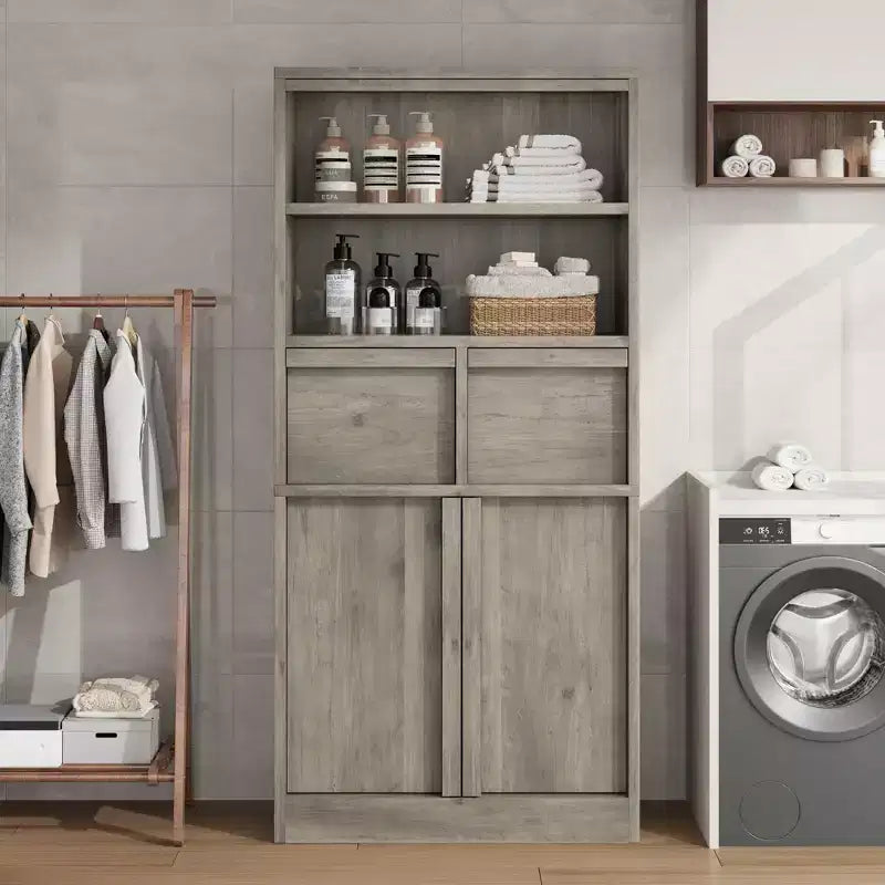 Meuble de rangement haut en bois GustoWave 51, Armoire de salle de bain avec étagères ouvertes, 2 tiroirs et 2 portes