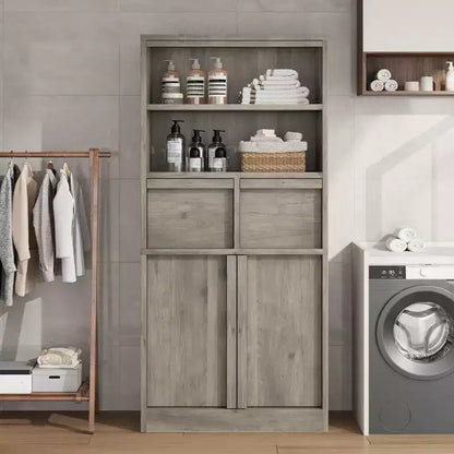 Meuble de rangement haut en bois GustoWave 51, Armoire de salle de bain avec étagères ouvertes, 2 tiroirs et 2 portes