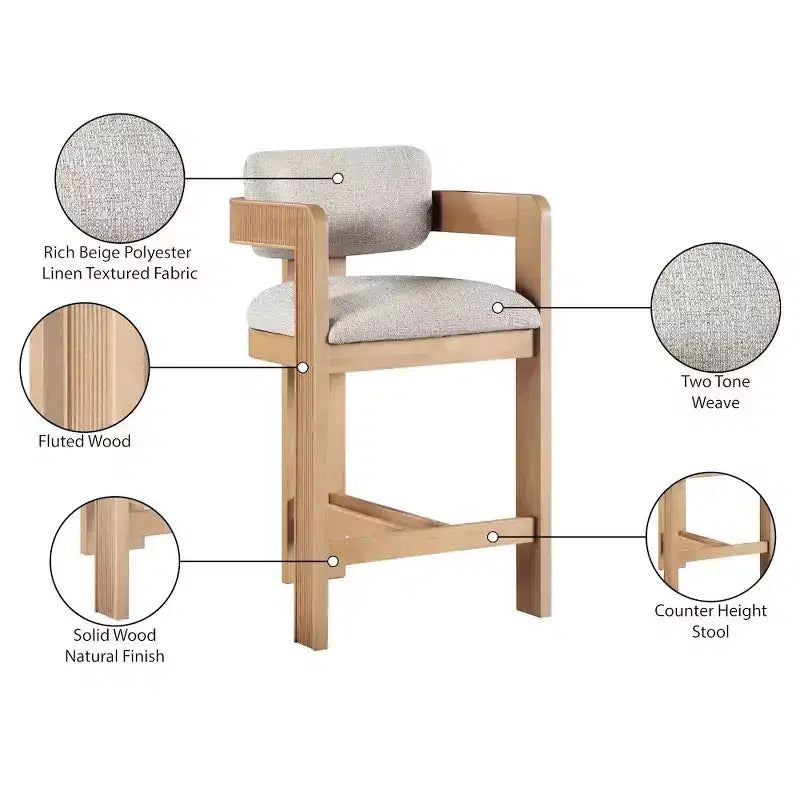 Tabouret de comptoir rembourré en tissu texturé lin beige Sacha de Meridian Furniture