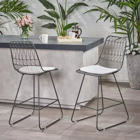 Okak Outdoor Counter Height Bar Stools with Water Resistant Cushions Set of 2, Woven Wire Metal Bar Stools, Modern Accent Chairs