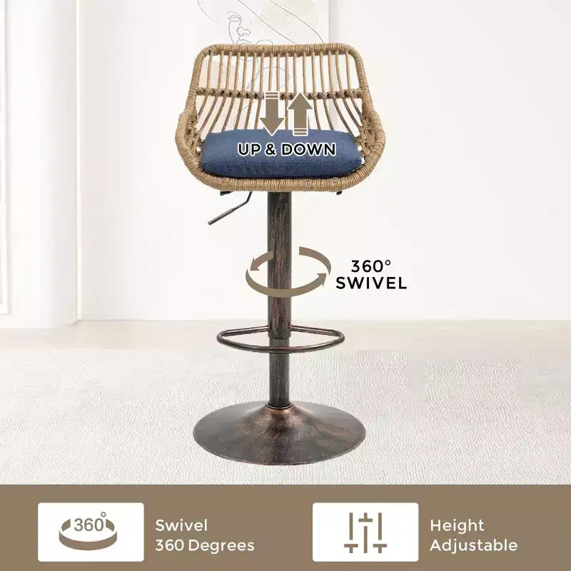 Tabourets de bar modernes pivotants Okak hauteur comptoir, lot de 2, tabourets de bar en rotin réglables avec coussin et repose-pieds, tabourets de comptoir pour la cuisine