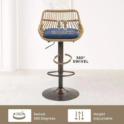 Tabourets de bar modernes pivotants Okak hauteur comptoir, lot de 2, tabourets de bar en rotin réglables avec coussin et repose-pieds, tabourets de comptoir pour la cuisine