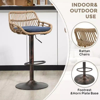 Tabourets de bar modernes pivotants Okak hauteur comptoir, lot de 2, tabourets de bar en rotin réglables avec coussin et repose-pieds, tabourets de comptoir pour la cuisine