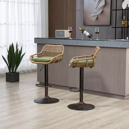 Tabourets de bar modernes pivotants Okak hauteur comptoir, lot de 2, tabourets de bar en rotin réglables avec coussin et repose-pieds, tabourets de comptoir pour la cuisine