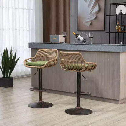 Tabourets de bar modernes pivotants Okak hauteur comptoir, lot de 2, tabourets de bar en rotin réglables avec coussin et repose-pieds, tabourets de comptoir pour la cuisine