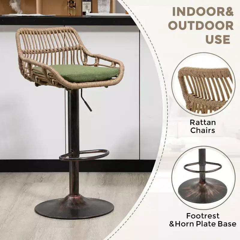Tabourets de bar modernes pivotants Okak hauteur comptoir, lot de 2, tabourets de bar en rotin réglables avec coussin et repose-pieds, tabourets de comptoir pour la cuisine