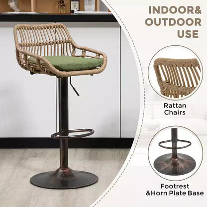 Tabourets de bar modernes pivotants Okak hauteur comptoir, lot de 2, tabourets de bar en rotin réglables avec coussin et repose-pieds, tabourets de comptoir pour la cuisine