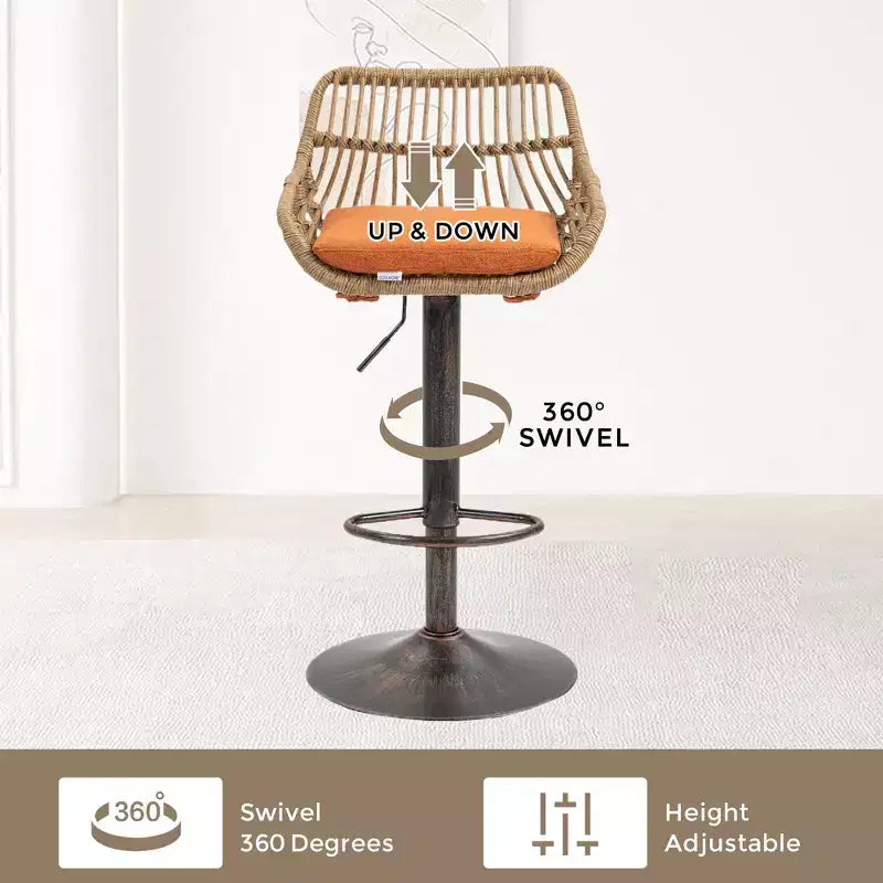 Tabourets de bar modernes pivotants Okak hauteur comptoir, lot de 2, tabourets de bar en rotin réglables avec coussin et repose-pieds, tabourets de comptoir pour la cuisine