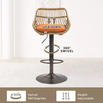 Tabourets de bar modernes pivotants Okak hauteur comptoir, lot de 2, tabourets de bar en rotin réglables avec coussin et repose-pieds, tabourets de comptoir pour la cuisine