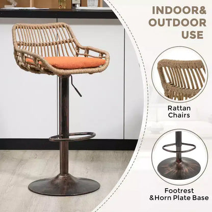 Tabourets de bar modernes pivotants Okak hauteur comptoir, lot de 2, tabourets de bar en rotin réglables avec coussin et repose-pieds, tabourets de comptoir pour la cuisine