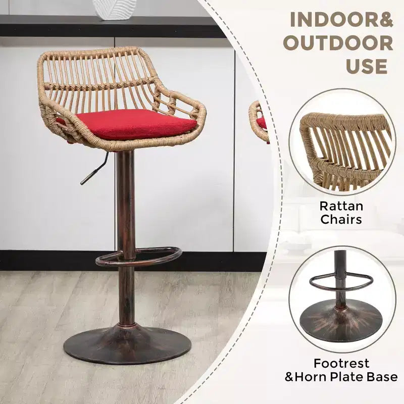 Tabourets de bar modernes pivotants Okak hauteur comptoir, lot de 2, tabourets de bar en rotin réglables avec coussin et repose-pieds, tabourets de comptoir pour la cuisine