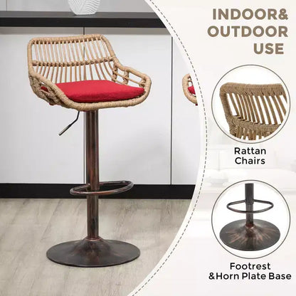 Tabourets de bar modernes pivotants Okak hauteur comptoir, lot de 2, tabourets de bar en rotin réglables avec coussin et repose-pieds, tabourets de comptoir pour la cuisine
