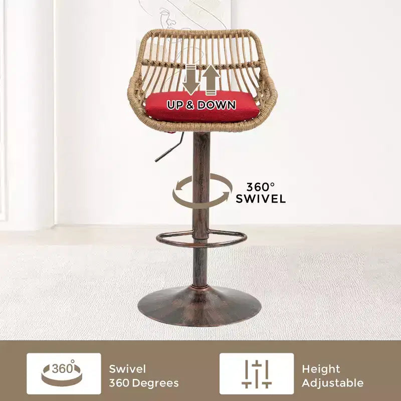 Tabourets de bar modernes pivotants Okak hauteur comptoir, lot de 2, tabourets de bar en rotin réglables avec coussin et repose-pieds, tabourets de comptoir pour la cuisine