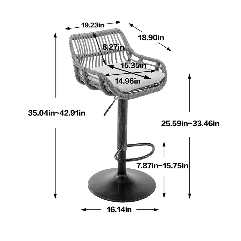 Tabourets de bar modernes pivotants Okak hauteur comptoir, lot de 2, tabourets de bar en rotin réglables avec coussin et repose-pieds, tabourets de comptoir pour la cuisine